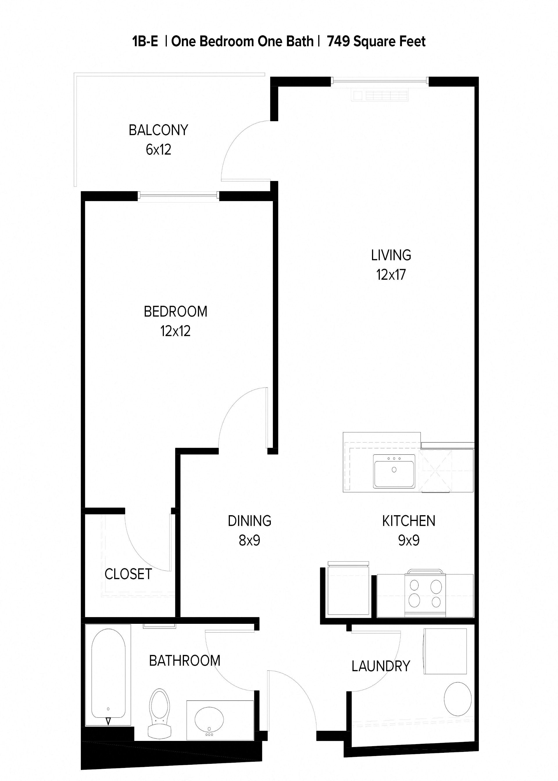 Floor plan for 1 bed, 1 bath, 749 sqft